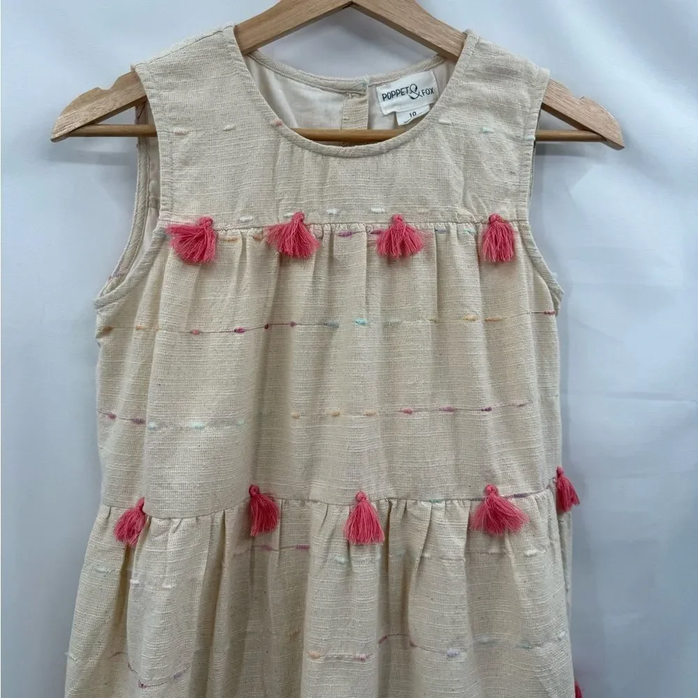 Poppet & Fox Girls Tiered 100% Cotton Tassel Dress in Cream | Size 10